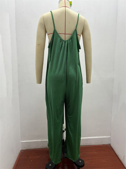 Trousers solid color side pocket loose casual suspender jumpsuit