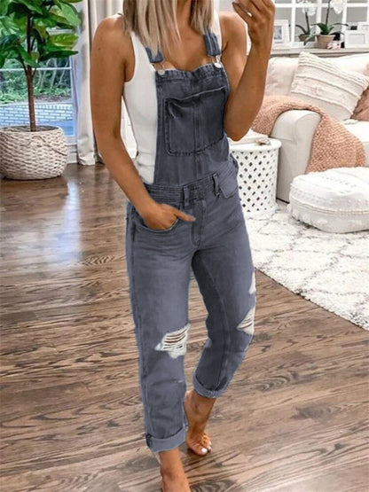 Double shoulder suspenders ripped denim jumpsuit women's casual