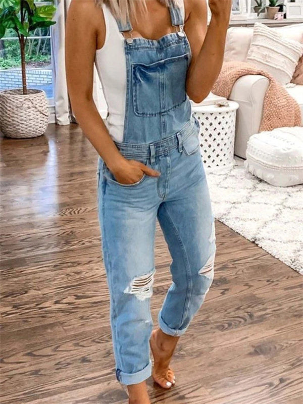 Double shoulder suspenders ripped denim jumpsuit women's casual