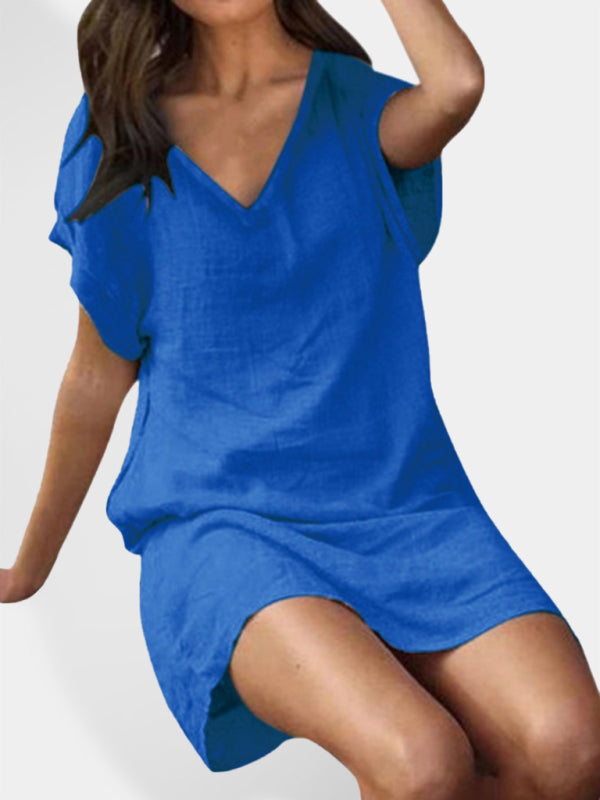Cotton linen solid color loose V-neck short-sleeved dress