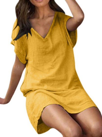 Cotton linen solid color loose V-neck short-sleeved dress