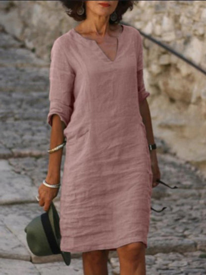 New cotton and linen solid color slim V-neck mid-sleeved dress