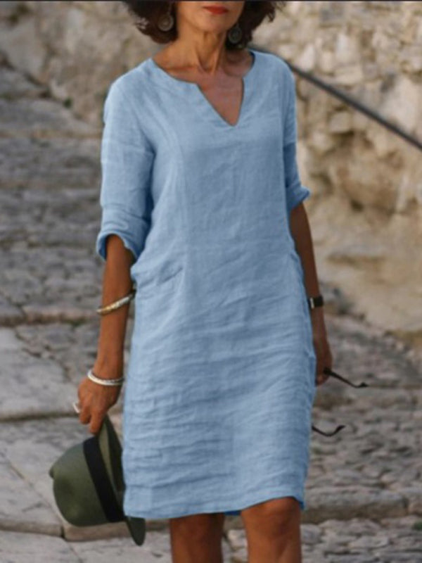 New cotton and linen solid color slim V-neck mid-sleeved dress