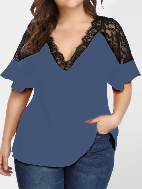 New large size V-neck short-sleeved women's stitching lace solid color top