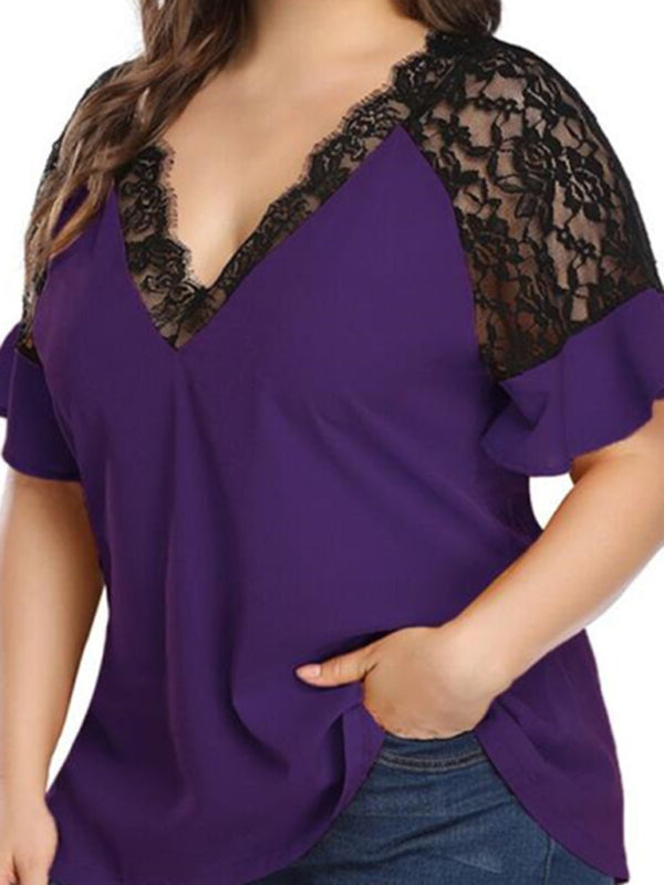 New large size V-neck short-sleeved women's stitching lace solid color top