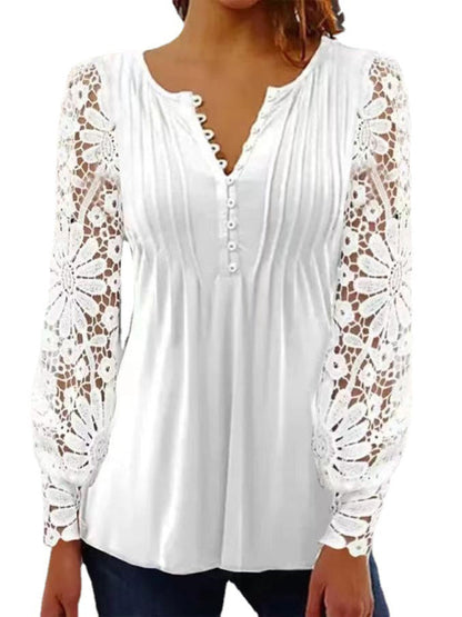 Fashion new women's lace sleeves pleated solid color button t-shirt bottoming shirt