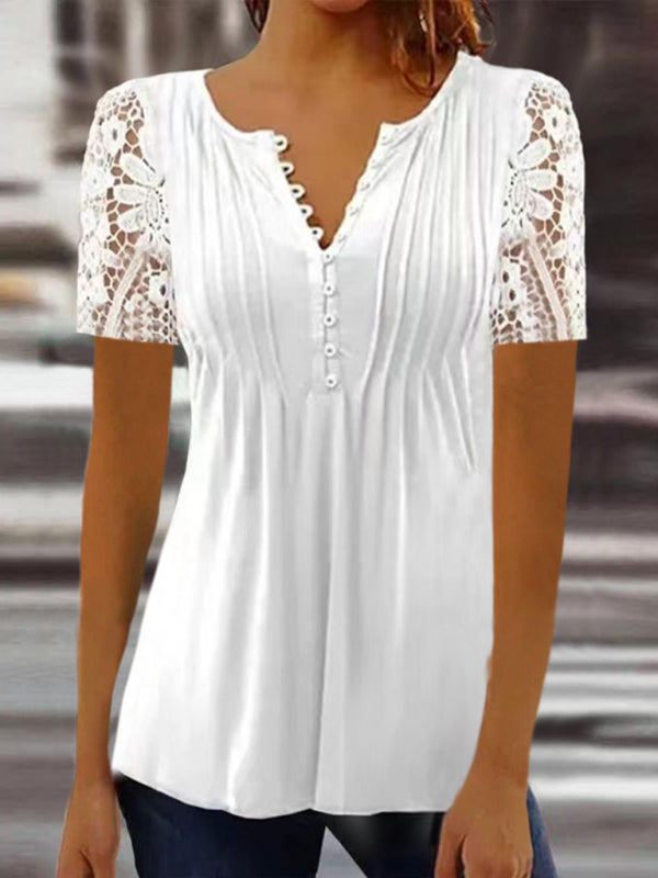 Fashion new women's lace sleeves pleated solid color button t-shirt bottoming shirt
