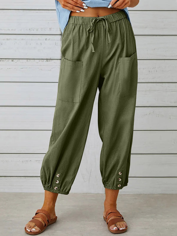 Loose high-waisted button-down cotton and linen cropped trousers wide-leg women's trousers