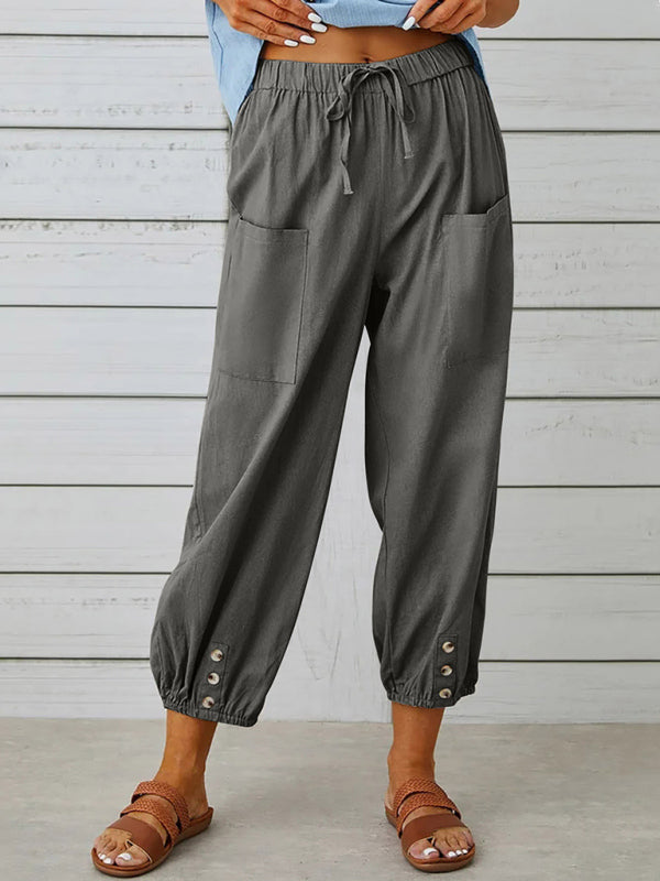 Loose high-waisted button-down cotton and linen cropped trousers wide-leg women's trousers