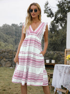 Women's Bohemian V Neck Pocket Stripe Maxi Dress Cake Dress