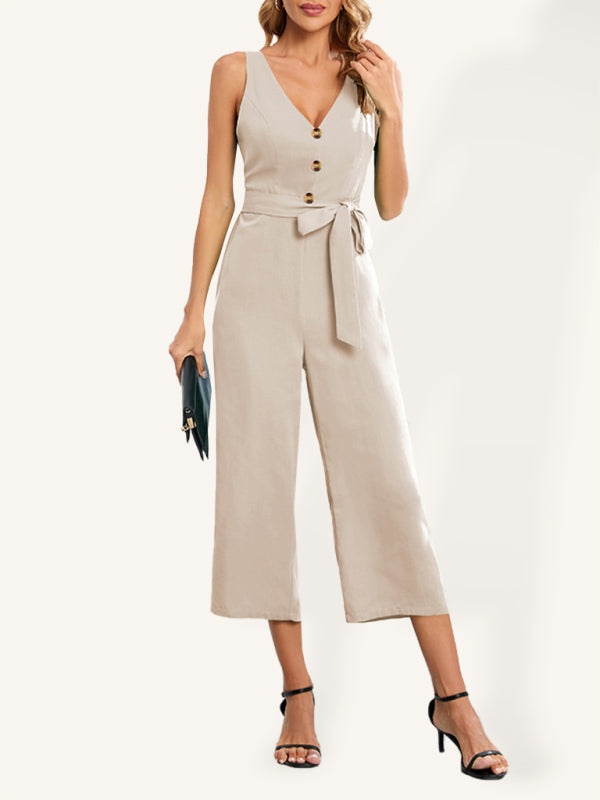 Women's Fashion Sexy Slim Sleeveless Button V-Neck Jumpsuit