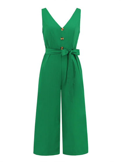 Women's Fashion Sexy Slim Sleeveless Button V-Neck Jumpsuit