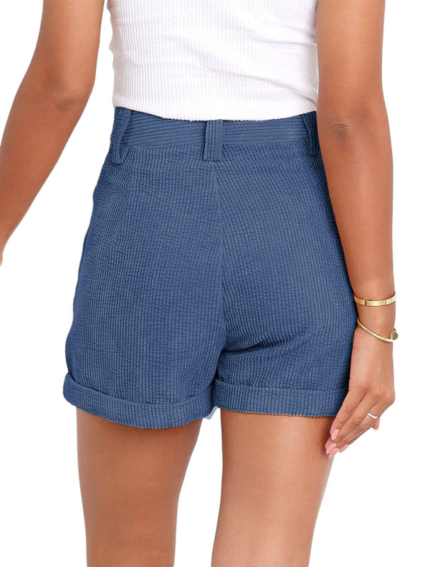 Women's Casual Pants High Waist Solid Color Corduroy Loose Shorts