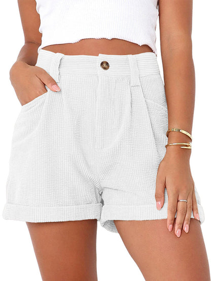 Women's Casual Pants High Waist Solid Color Corduroy Loose Shorts