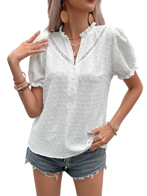Women's Woven Jacquard Fabric Short Sleeve Lace Shirt
