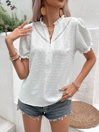 Women's Woven Jacquard Fabric Short Sleeve Lace Shirt