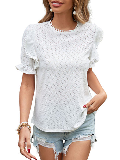 Women's Knitted Casual Round Neck Jacquard Short Sleeve T-Shirt