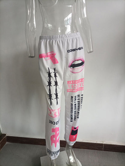 New print fashion elastic waist sports casual harem pants