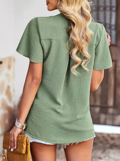 Women's Solid Color V Neck Casual Short Sleeve Top