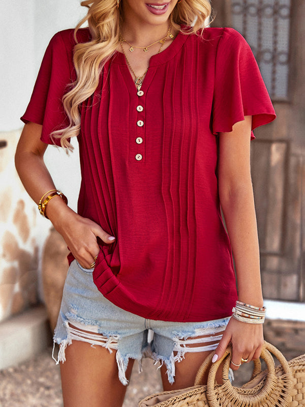 Women's Solid Color V Neck Casual Short Sleeve Top