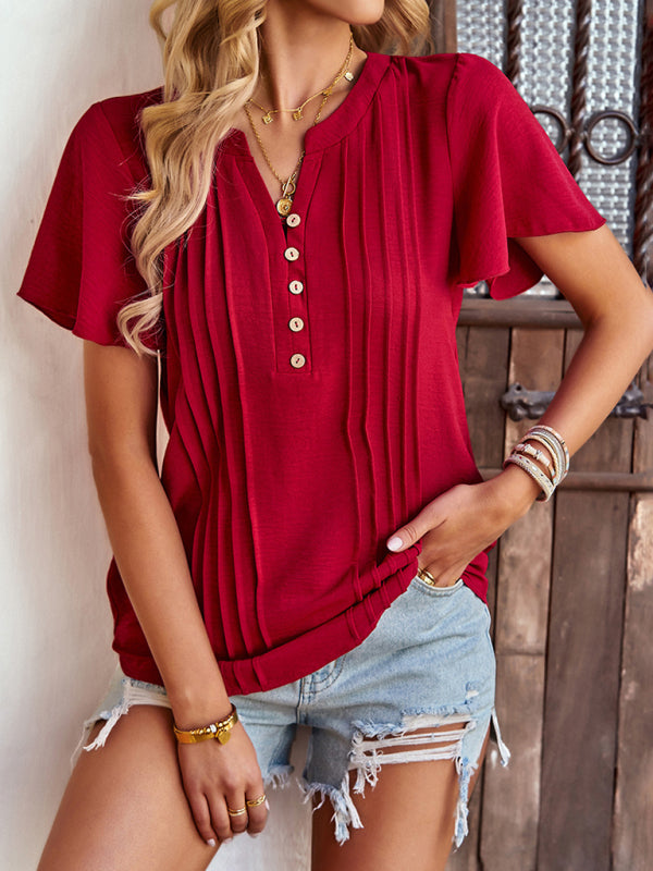 Women's Solid Color V Neck Casual Short Sleeve Top