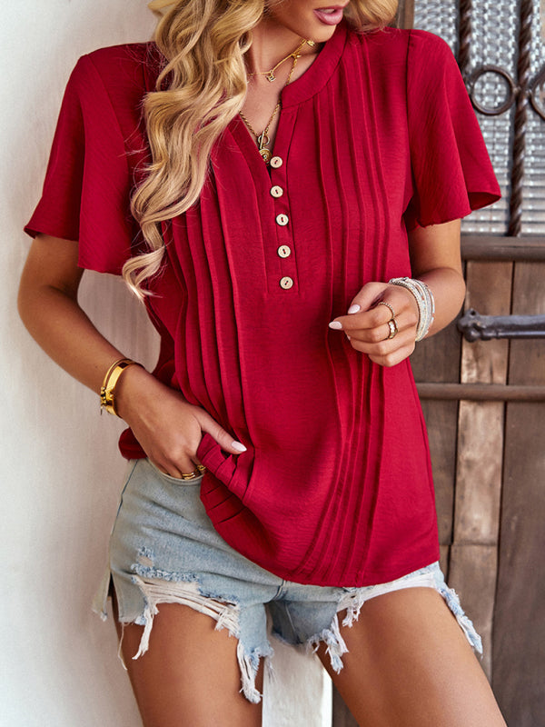 Women's Solid Color V Neck Casual Short Sleeve Top