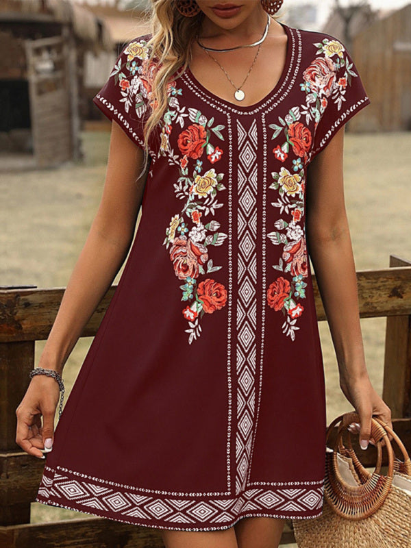 Women's Vintage Floral Print Short Sleeve Casual Dress