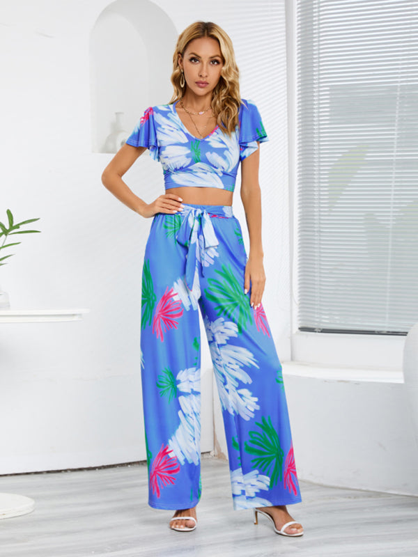 Women's V-neck short T-shirt wide-leg pants two-piece set