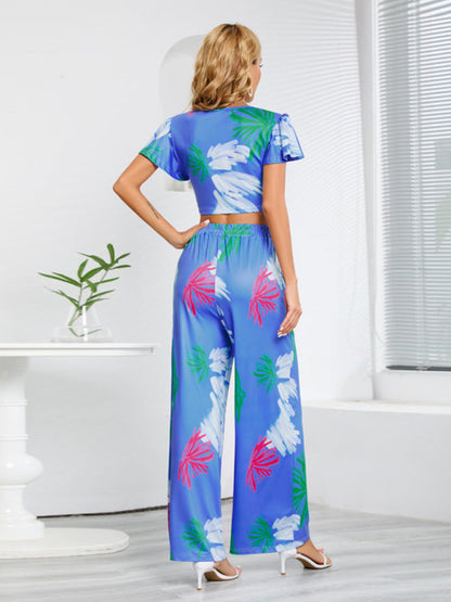 Women's V-neck short T-shirt wide-leg pants two-piece set