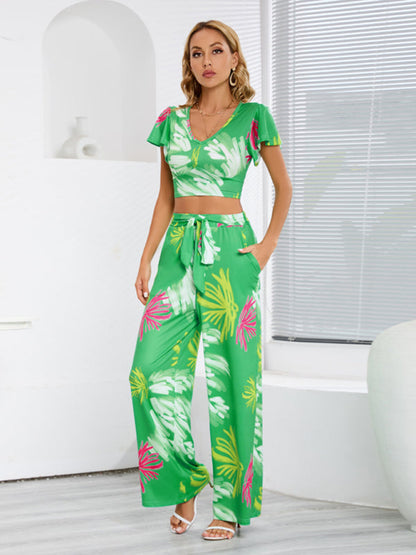 Women's V-neck short T-shirt wide-leg pants two-piece set