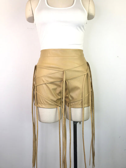 Sexy PU leather pants INS style leather rope braided low waist shorts