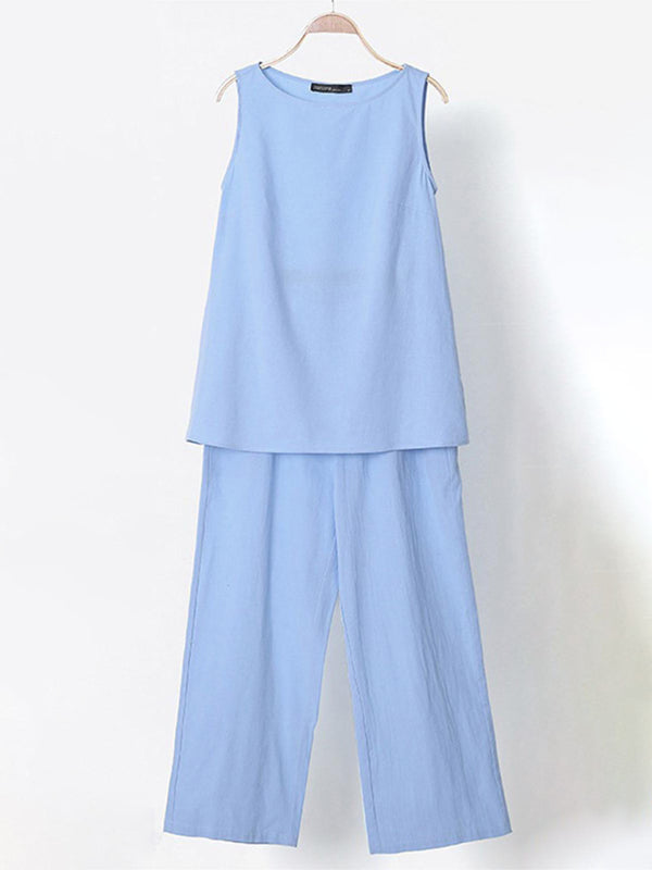 Women's Solid Color Cotton Linen Sleeveless Top + Wide-leg Pants Two-Piece Suit