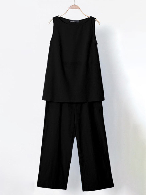Women's Solid Color Cotton Linen Sleeveless Top + Wide-leg Pants Two-Piece Suit