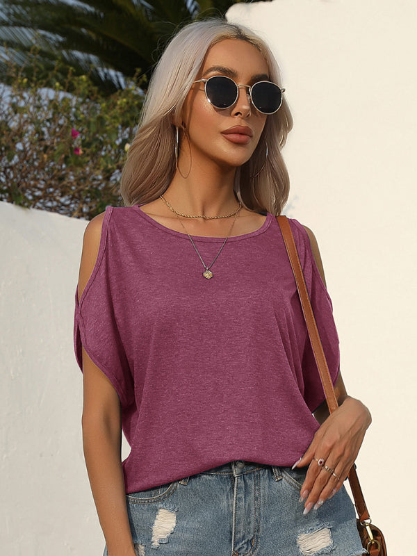 Women's knitted solid color strapless round neck short-sleeved T-shirt