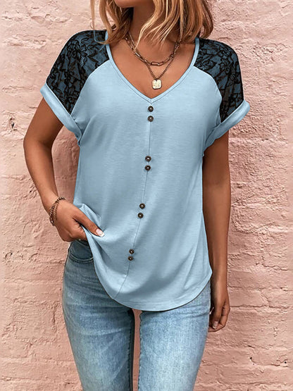 Women's casual lace stitching v-neck button top
