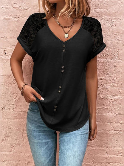 Women's casual lace stitching v-neck button top