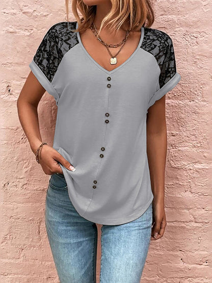 Women's casual lace stitching v-neck button top