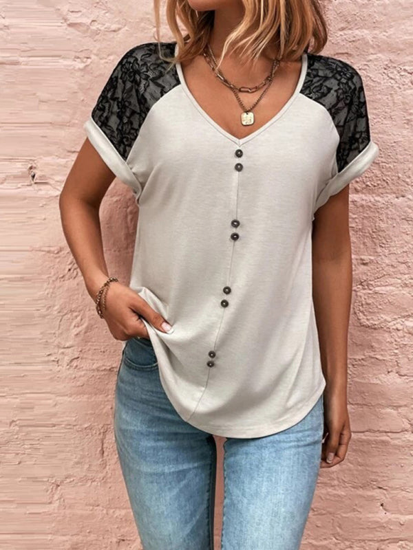 Women's casual lace stitching v-neck button top