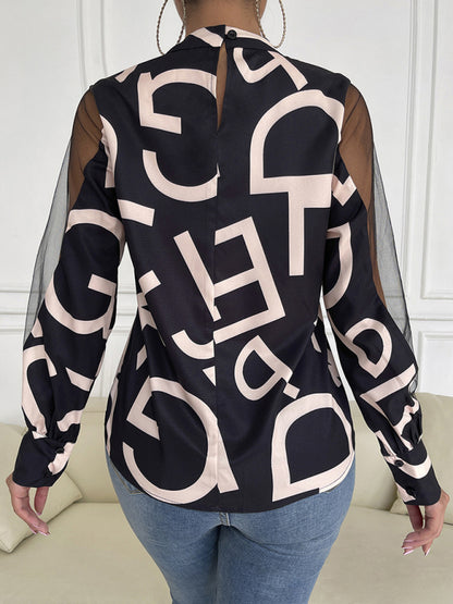 Women's geometric print stitching mesh round neck long-sleeved top