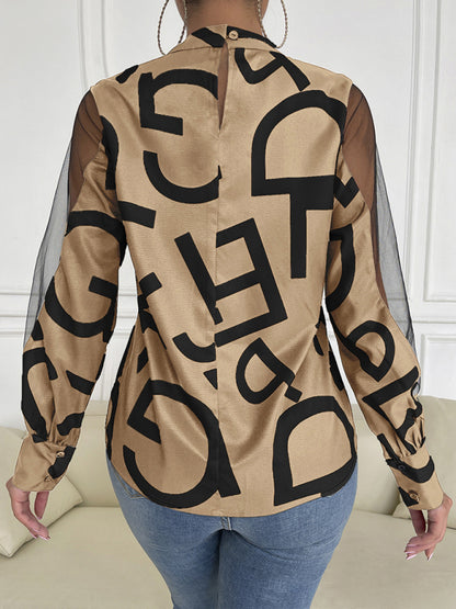 Women's geometric print stitching mesh round neck long-sleeved top