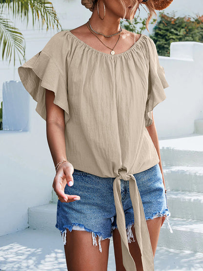 Women's woven ruffled tie round neck one-shoulder top