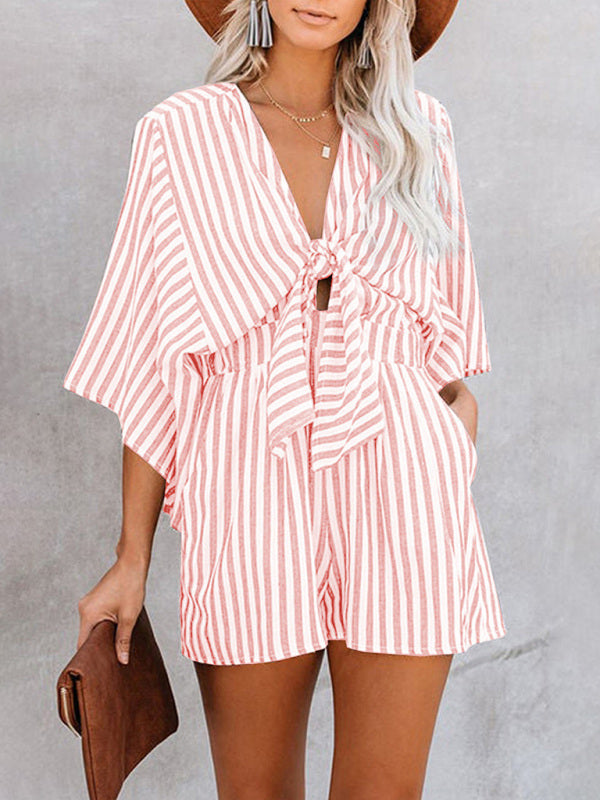 Summer slim waist striped jumpsuit deep V trumpet sleeve three-pointer