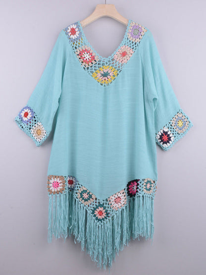 Three-quarter sleeve chain link flower splicing irregular tassel anti-sun blouse ethnic style dress