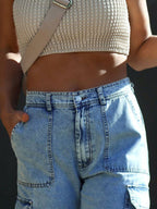 Pure cotton washed denim multi-pocket non-stretch overalls