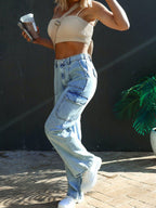 Pure cotton washed denim multi-pocket non-stretch overalls
