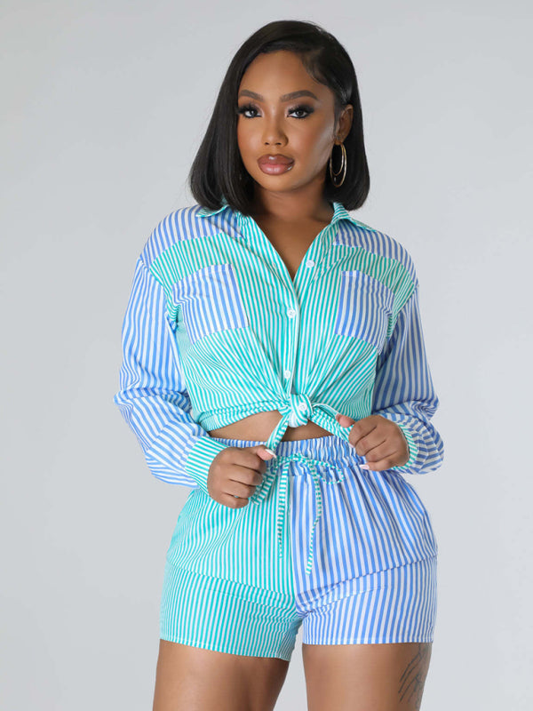 Women's striped color contrast shirt + shorts two-piece suit