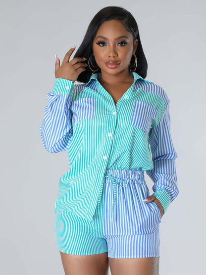 Women's striped color contrast shirt + shorts two-piece suit