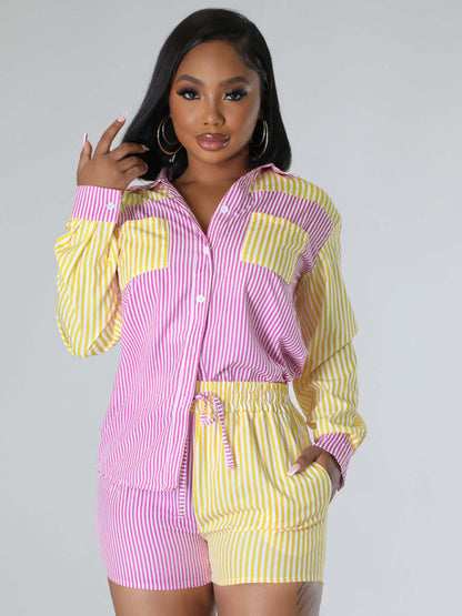 Women's striped color contrast shirt + shorts two-piece suit