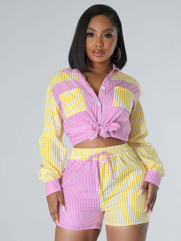 Women's striped color contrast shirt + shorts two-piece suit