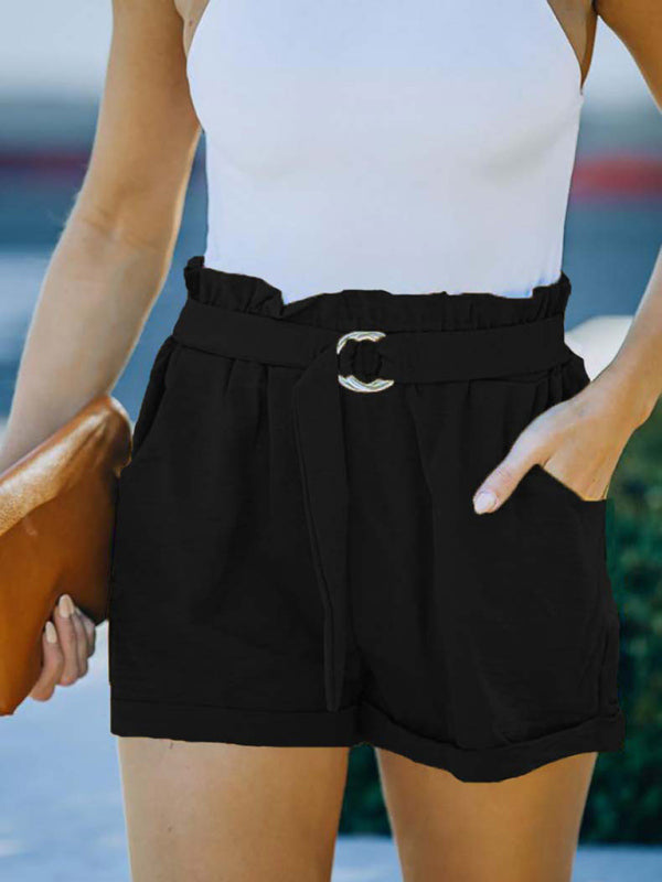 Women's High Waist Casual Pants Cross Border Solid Color Pocket Belt Loose Straight Leg Shorts